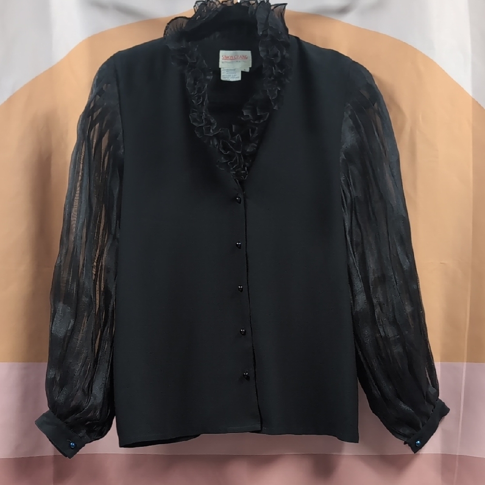 Vintage Simon Chang Black Ruffled Long Sleeve Blouse